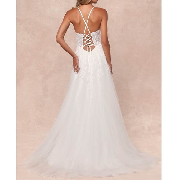 Lulus Bridal NWT Glorious Luxury White Sheer Tulle Embroidered Beaded Maxi Gown - Picture 6 of 10